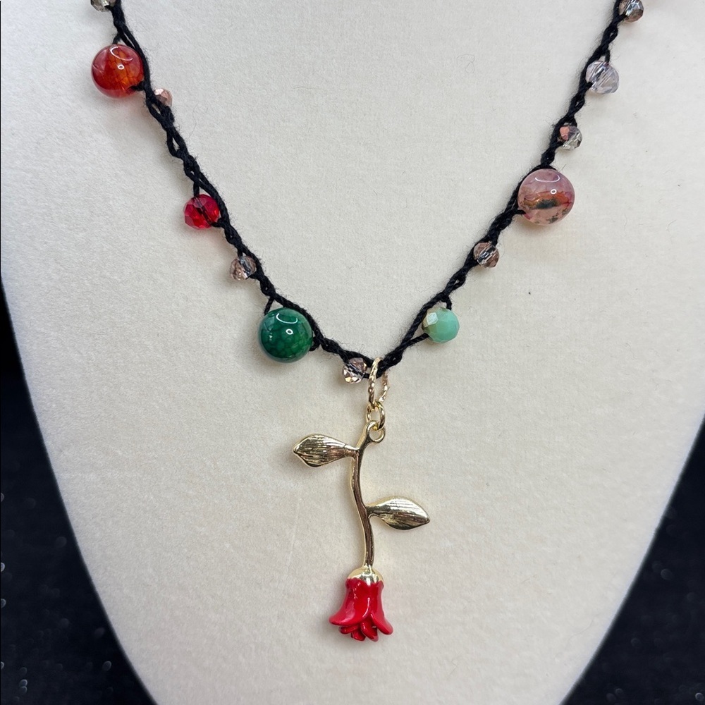Handmade Rose Pendant Crochet Necklace | Dyed Agate & Glass Beads Adjustable 20” - Picture 4 of 8